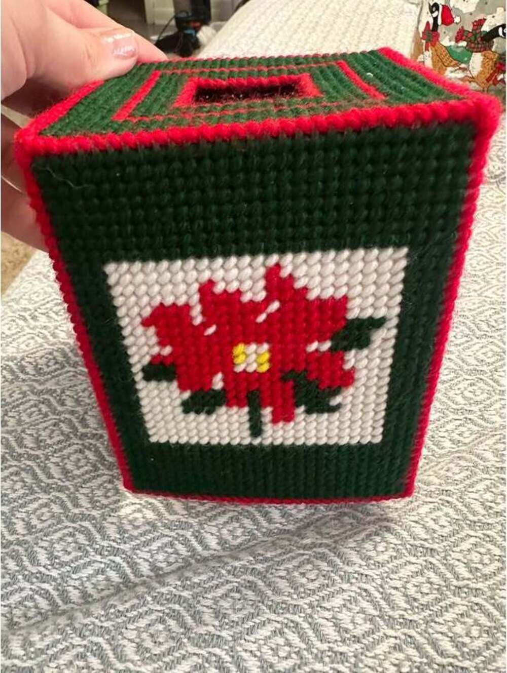Vintage Handmade Christmas Poinsettia Plastic Canvas Tissue Box Cover